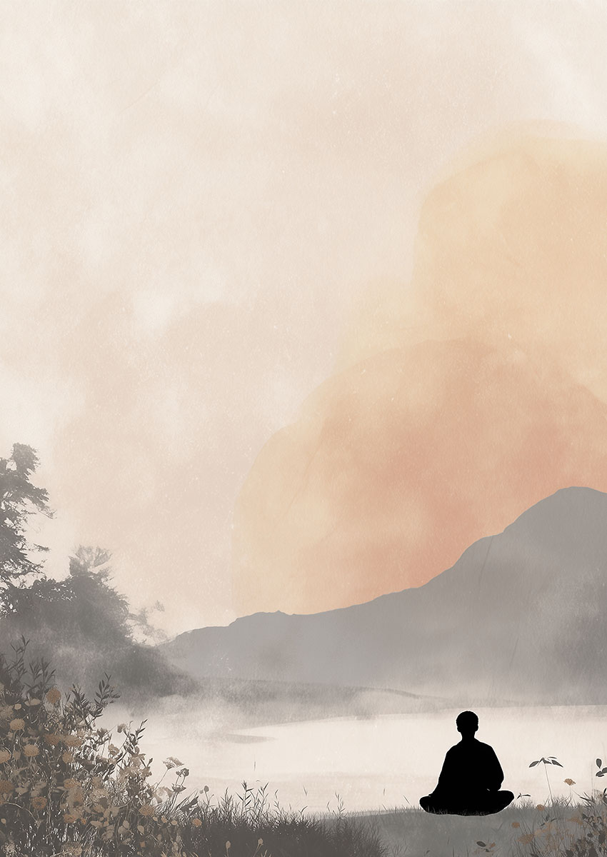 Dramatic artwork of a serene zen landscape featuring a solitary figure meditating by a river against soft mountains and clouds.